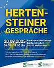 Ein Poster für ein Gespräch in Heilbronn am 20. September 2025. Das Event findet im Parkhotel Heilbronn, Gartenstraße 1, 74072 Heilbronn, von 09:00 bis 18:00 Uhr statt. Die Teilnahmegebühren betragen 30 Euro inklusive Verpflegung, und 20 Euro für Mitglieder der Europa-Union Deutschland, Schüler und Studierende. Anmeldungen werden per E-Mail unter info@euhn.eu entgegengenommen. Das Poster ist auf blauem Hintergrund mit gelben Sternen und Texten gestaltet und enthält die Logos der Europa-Union Heilbronn und der Europa-Union Deutschland.