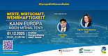 Plakat zur Veranstaltung ‚#EuropaWirMüssenReden‘ mit dem Titel ‚Werte, Wirtschaft, Wehrhaftigkeit – Kann Europa noch mithalten?‘. Die Veranstaltung fand am 01.12.2025 von 20:00 bis 21:30 Uhr als Online-Bürgerdialog über Zoom statt. Auf dem Plakat sind zwei Personen abgebildet: Lukas Sieper, MdEP, Mitglied im Ausschuss für internationalen Handel, sowie Prof. Dr. Andrea Wechsler, MdEP, Mitglied im Ausschuss für Industrie, Forschung und Energie. Beide sind Mitglieder der Delegation in der Parlamentarischen Versammlung Euronest. Das Plakat enthält einen QR-Code und den Link bit.ly/www-europa zur Anmeldung. Organisiert wird die Veranstaltung von der Europa-Union Deutschland in Zusammenarbeit mit dem Presse- und Informationsamt der Bundesregierung.